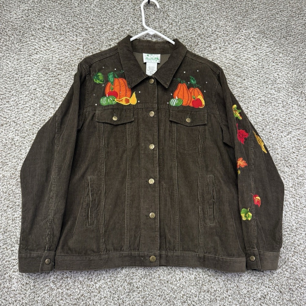 VTG Quacker Factory Corduroy Coat Womens Medium Thanksgiving Pumpkins Cornucopia